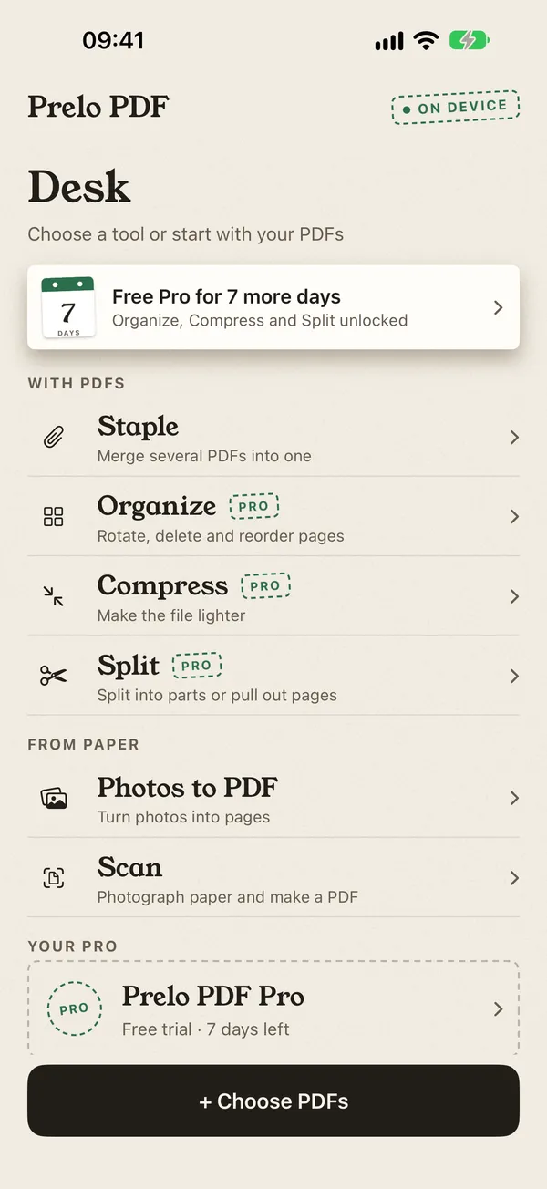 Prelo PDF screen with three documents ready to staple: proof of address, ID and lease