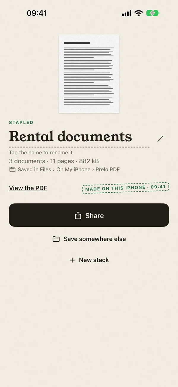 Stapled PDF saved in Files, with the Share button