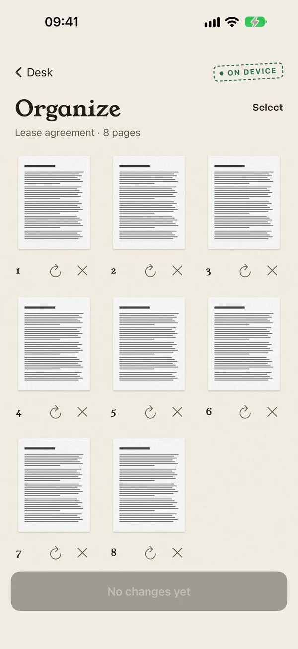 Page thumbnails to rotate, delete and reorder