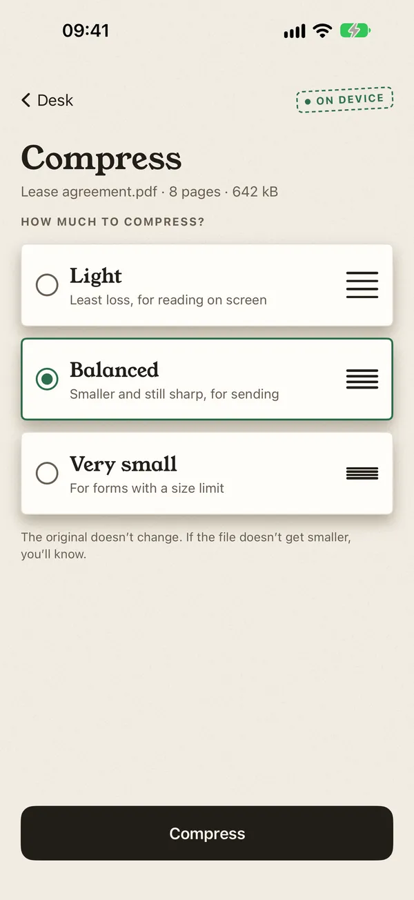 Compress screen with Light, Balanced and Very small levels