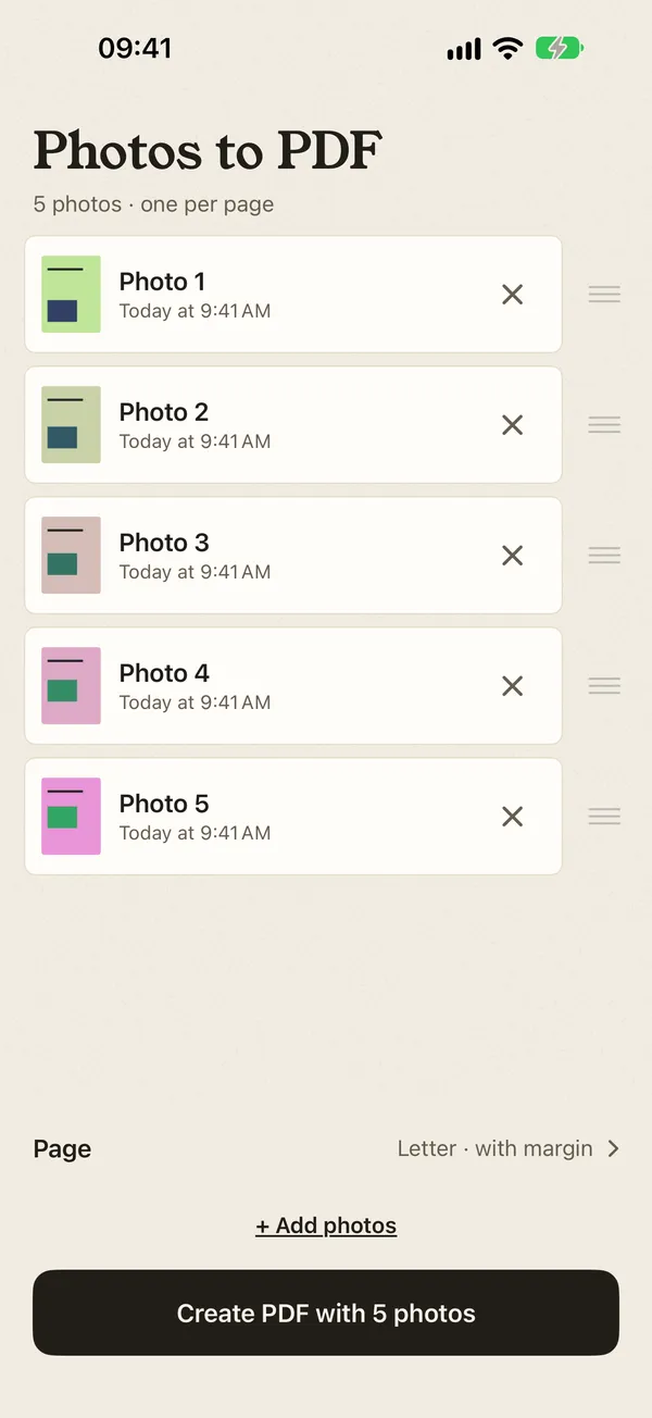 Five photos picked to become one PDF