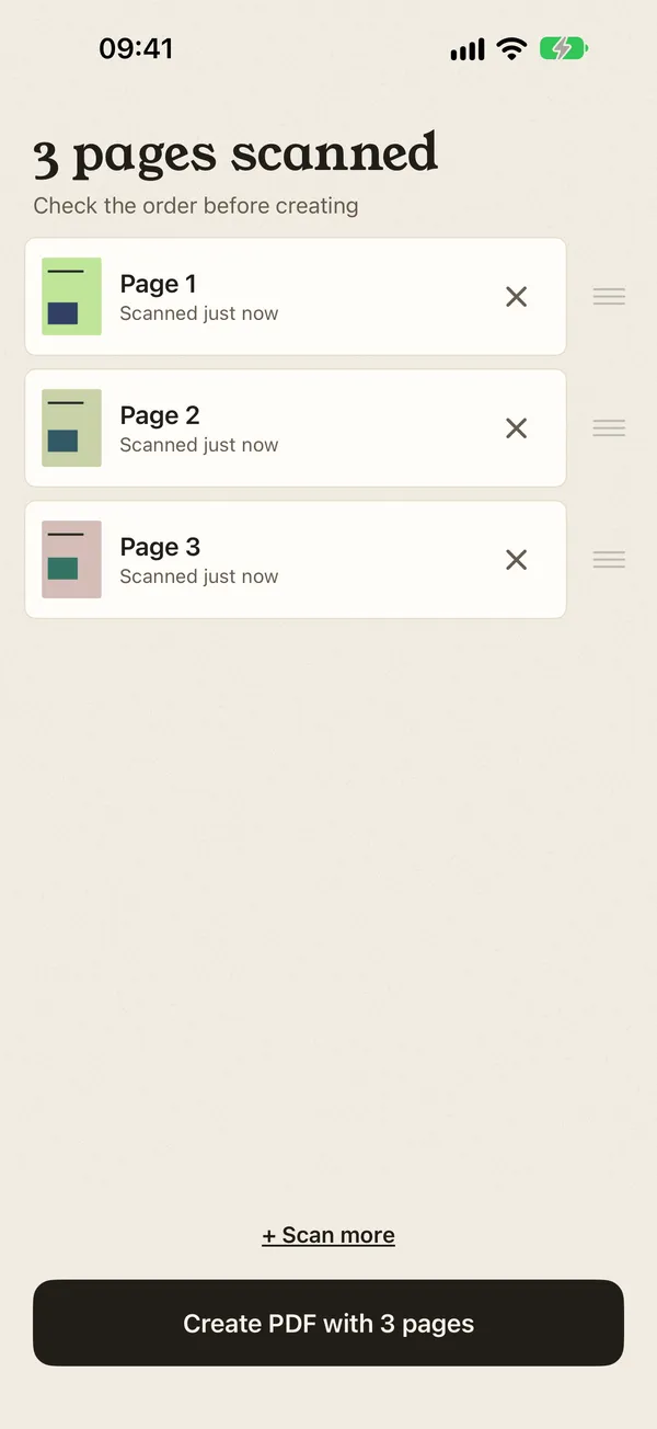 Three scanned pages ready to become a PDF