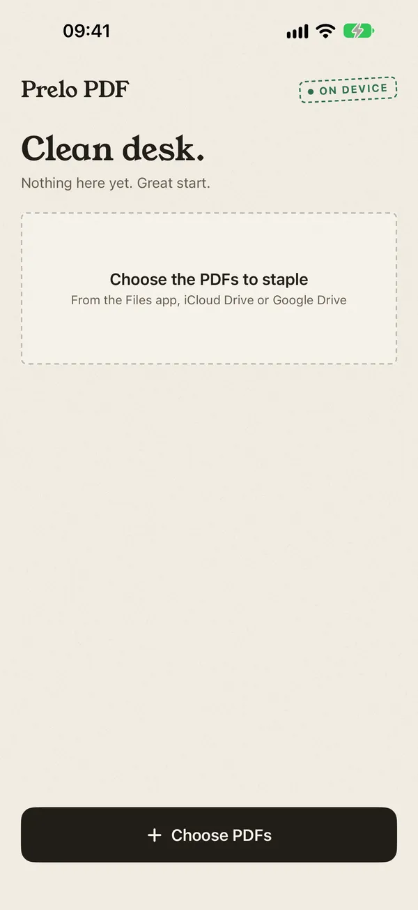 Prelo PDF start screen with the Choose PDFs button