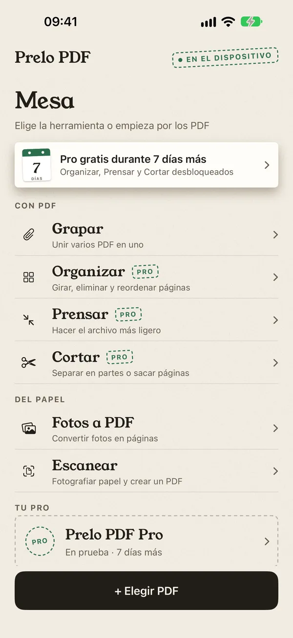 Pantalla de Prelo PDF con tres documentos listos para grapar: comprobante de domicilio, DNI y contrato de alquiler