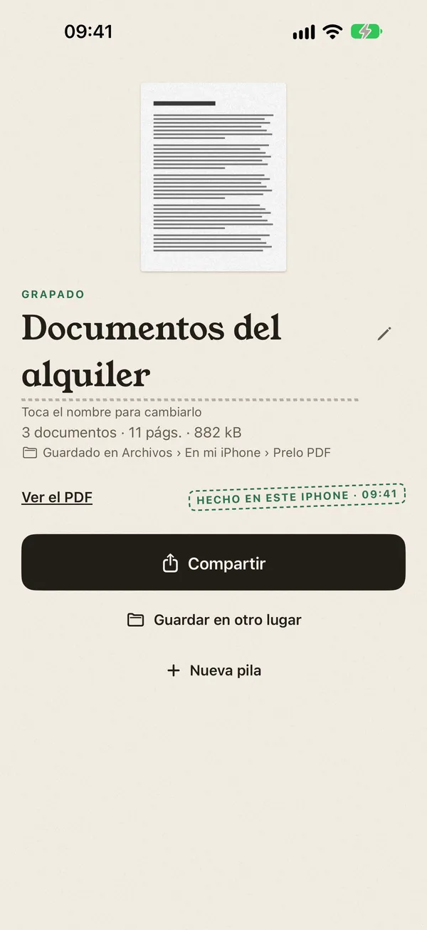 PDF grapado, guardado en Archivos, con el botón Compartir