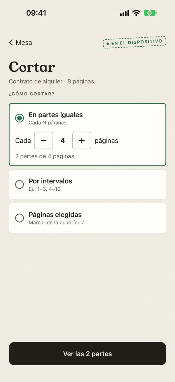 Pantalla Cortar con la opción de partes iguales