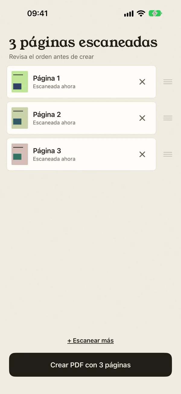 Tres páginas escaneadas listas para convertirse en PDF