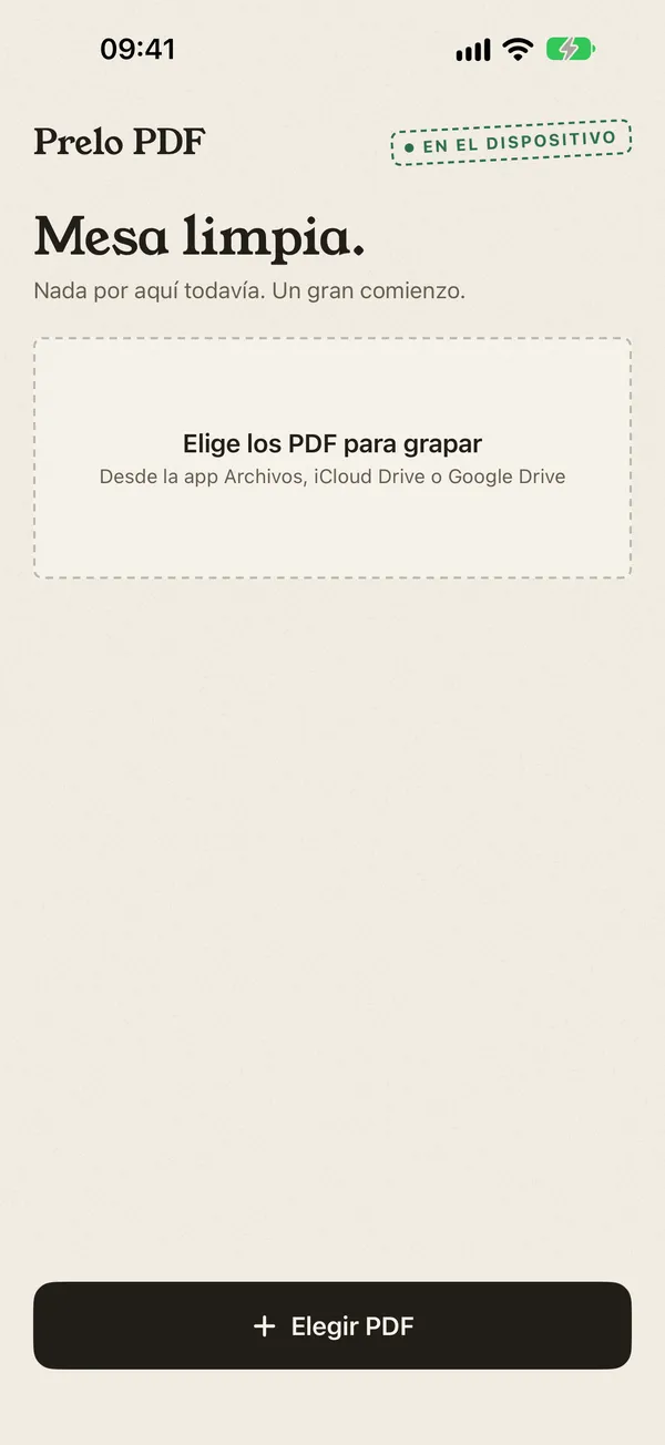 Pantalla inicial de Prelo PDF con el botón Elegir PDF