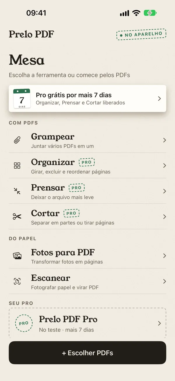 Tela do Prelo PDF com três documentos prontos para grampear: comprovante de residência, RG e contrato de aluguel