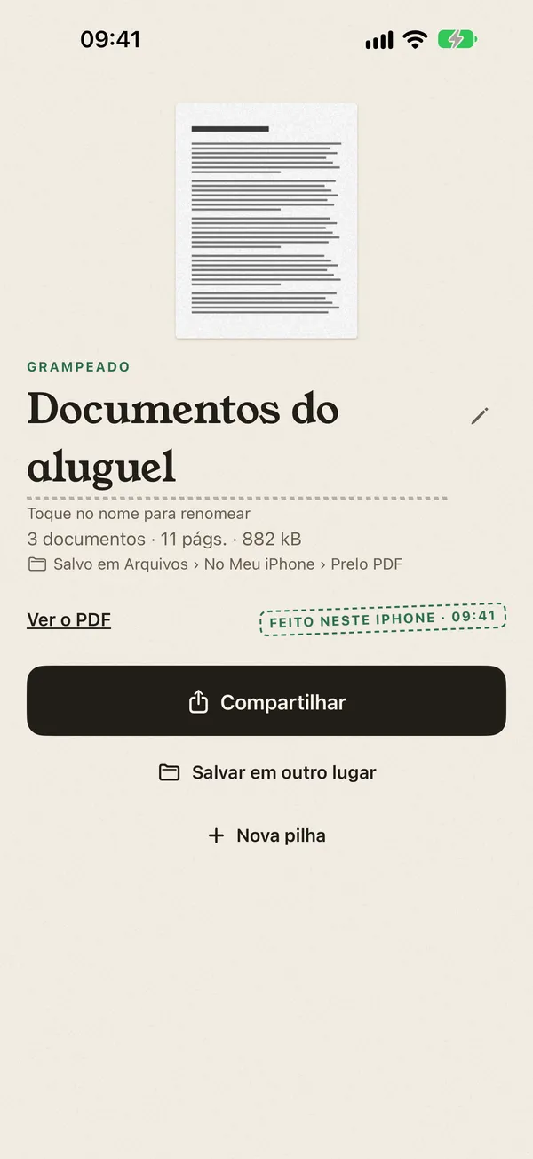 PDF grampeado, salvo em Arquivos, com o botão Compartilhar