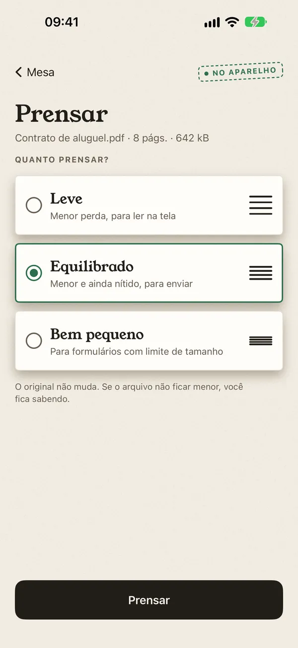 Tela Prensar com os níveis Leve, Equilibrado e Bem pequeno