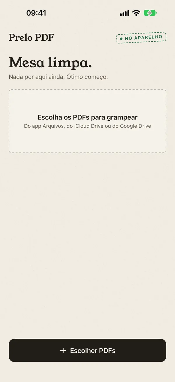 Tela inicial do Prelo PDF com o botão Escolher PDFs